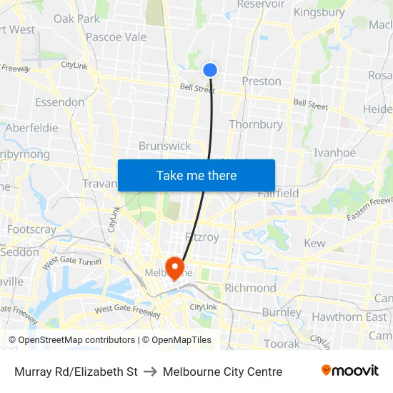 Murray Rd/Elizabeth St to Melbourne City Centre map