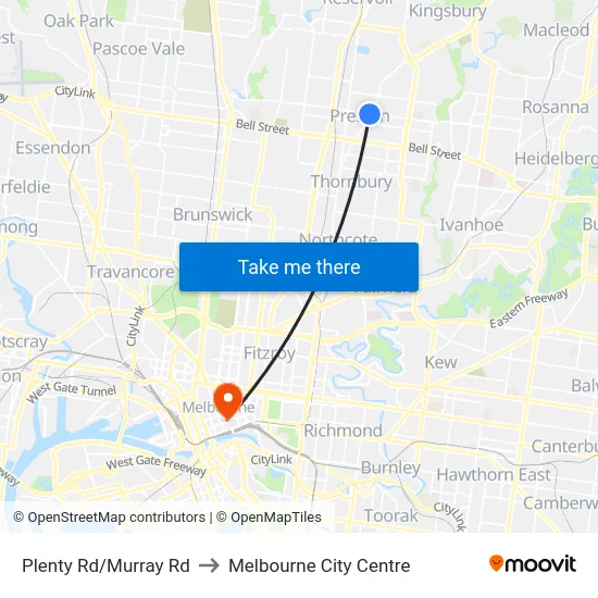 Plenty Rd/Murray Rd to Melbourne City Centre map