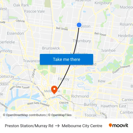 Preston Station/Murray Rd to Melbourne City Centre map