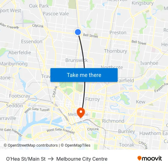 O'Hea St/Main St to Melbourne City Centre map