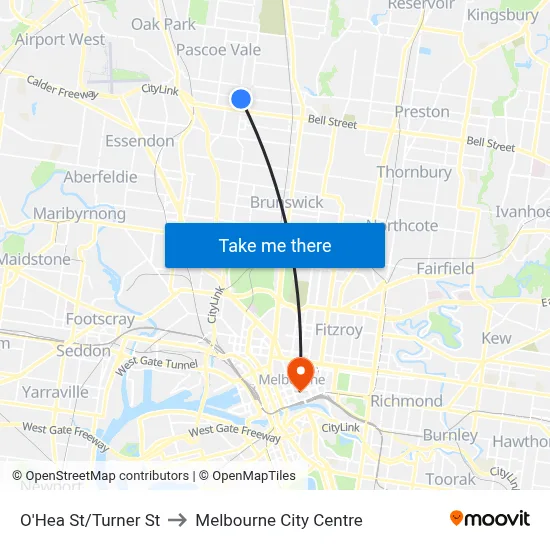 O'Hea St/Turner St to Melbourne City Centre map