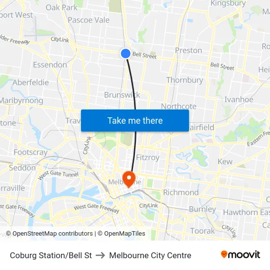 Coburg Station/Bell St to Melbourne City Centre map