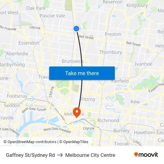 Gaffney St/Sydney Rd to Melbourne City Centre map