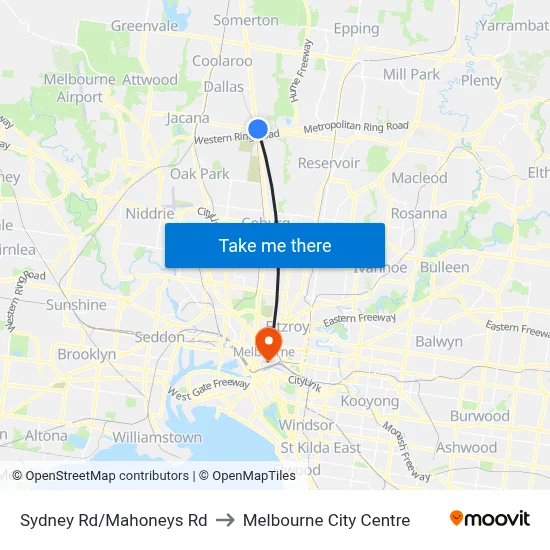Sydney Rd/Mahoneys Rd to Melbourne City Centre map