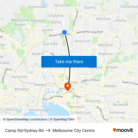 Camp Rd/Sydney Rd to Melbourne City Centre map