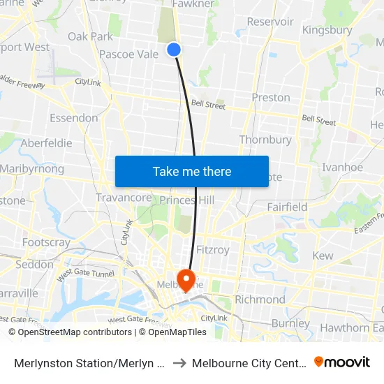 Merlynston Station/Merlyn St to Melbourne City Centre map
