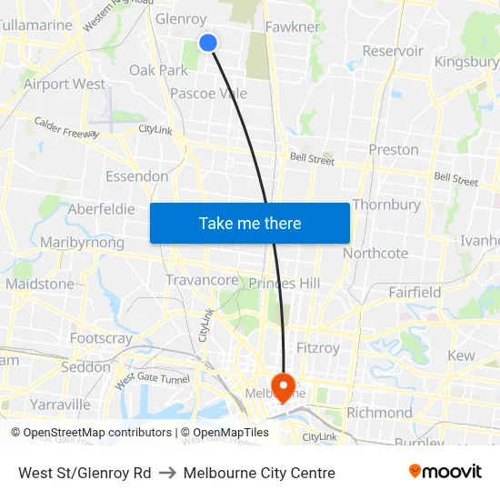 West St/Glenroy Rd to Melbourne City Centre map