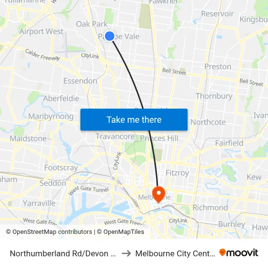Northumberland Rd/Devon Rd to Melbourne City Centre map