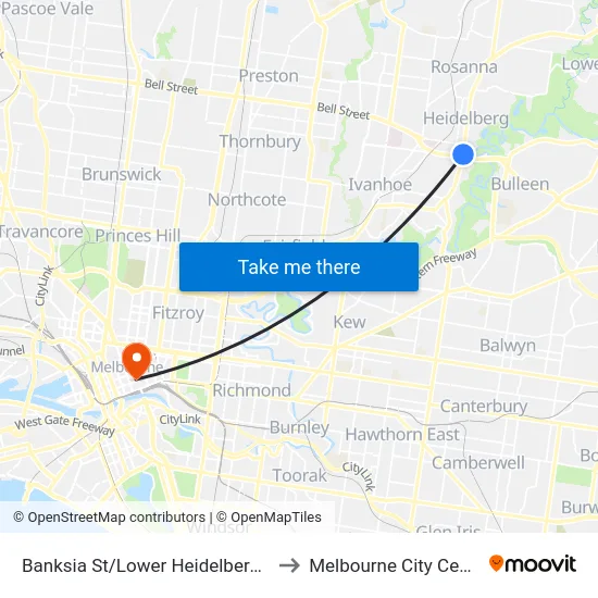 Banksia St/Lower Heidelberg Rd to Melbourne City Centre map