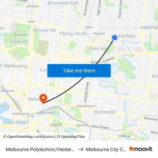 Melbourne Polytechnic/Heidelberg Rd to Melbourne City Centre map