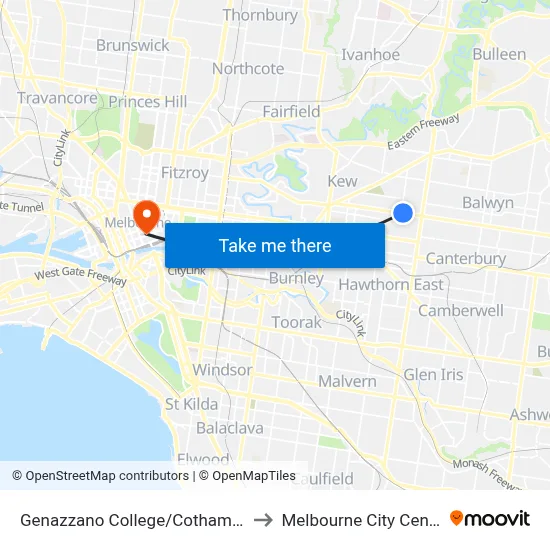 Genazzano College/Cotham Rd to Melbourne City Centre map