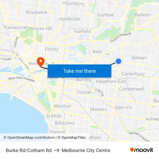 Burke Rd/Cotham Rd to Melbourne City Centre map
