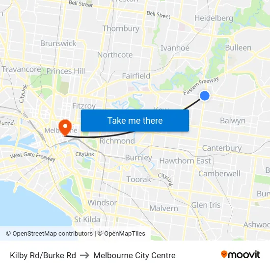 Kilby Rd/Burke Rd to Melbourne City Centre map