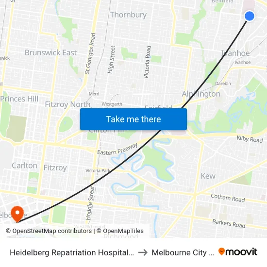 Heidelberg Repatriation Hospital/Banksia St to Melbourne City Centre map