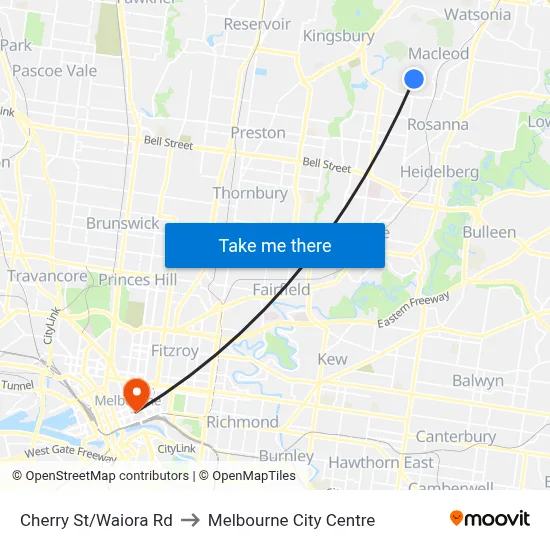Cherry St/Waiora Rd to Melbourne City Centre map