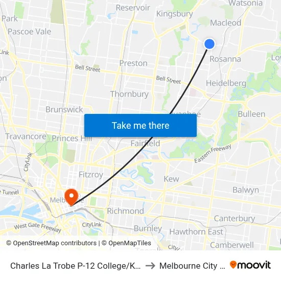 Charles La Trobe P-12 College/Kingsbury Dr to Melbourne City Centre map