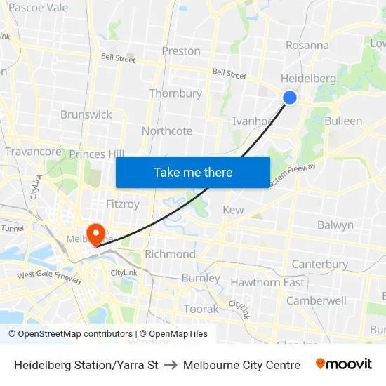 Heidelberg Station/Yarra St to Melbourne City Centre map