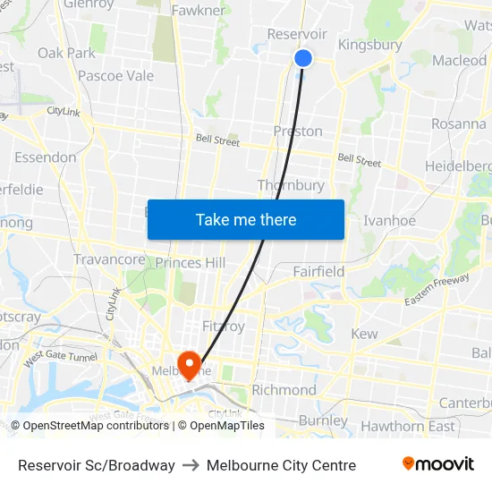 Reservoir Sc/Broadway to Melbourne City Centre map