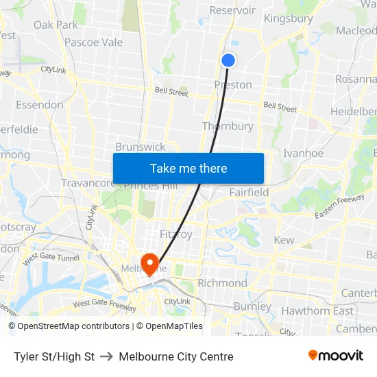 Tyler St/High St to Melbourne City Centre map