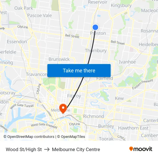 Wood St/High St to Melbourne City Centre map