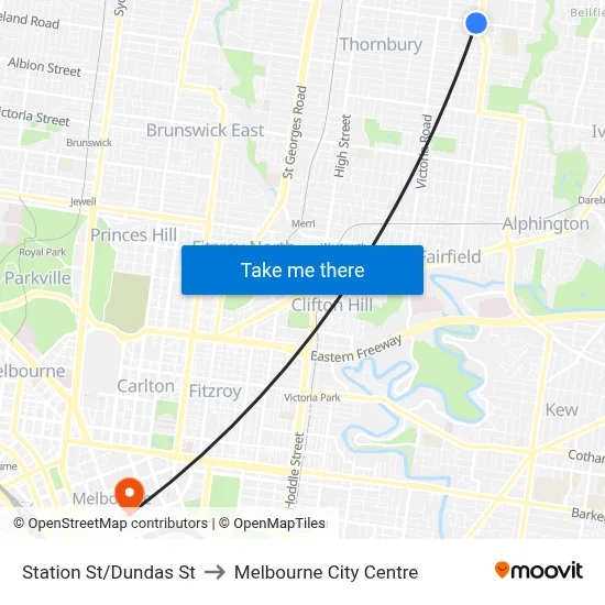 Station St/Dundas St to Melbourne City Centre map