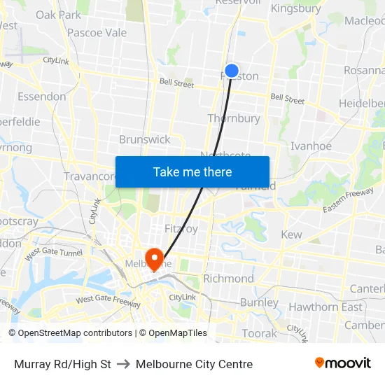 Murray Rd/High St to Melbourne City Centre map