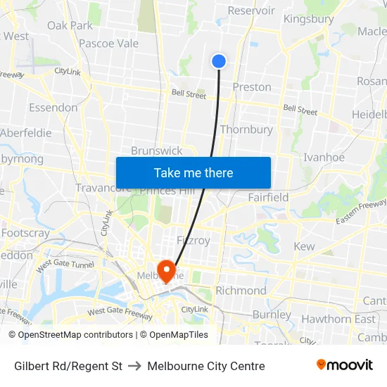 Gilbert Rd/Regent St to Melbourne City Centre map