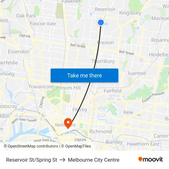 Reservoir St/Spring St to Melbourne City Centre map