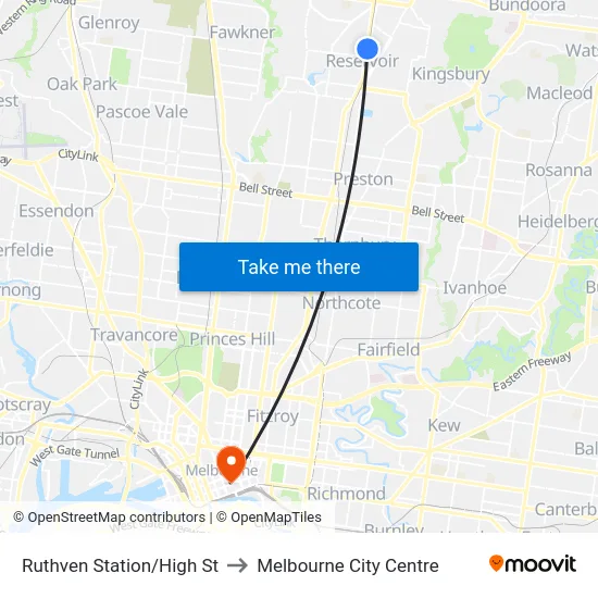 Ruthven Station/High St to Melbourne City Centre map