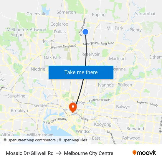 Mosaic Dr/Gillwell Rd to Melbourne City Centre map