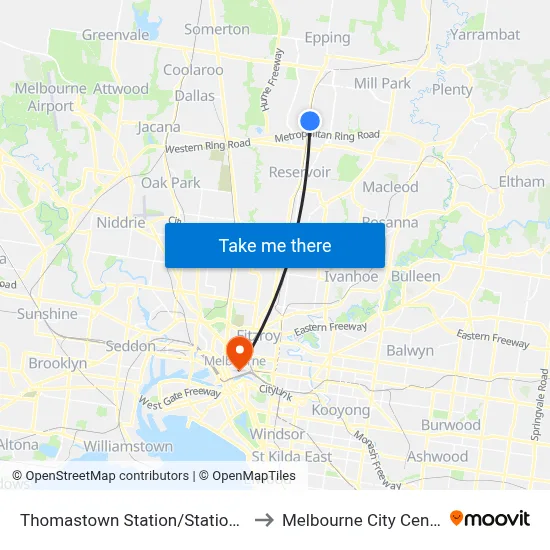 Thomastown Station/Station St to Melbourne City Centre map