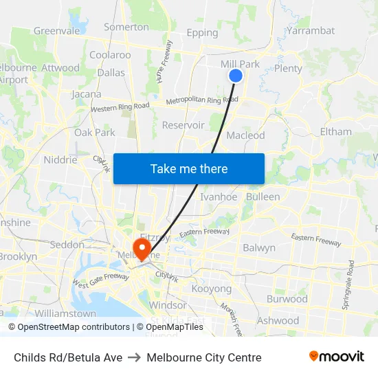 Childs Rd/Betula Ave to Melbourne City Centre map