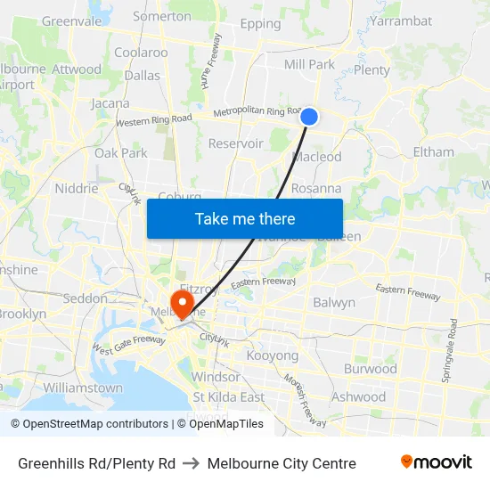 Greenhills Rd/Plenty Rd to Melbourne City Centre map