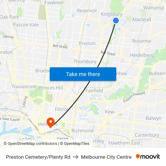 Preston Cemetery/Plenty Rd to Melbourne City Centre map