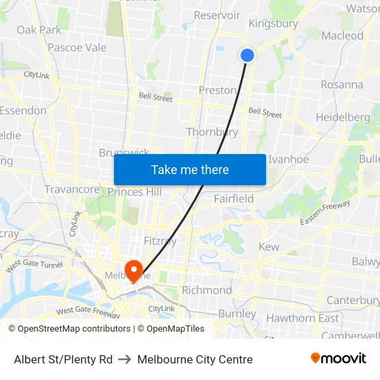 Albert St/Plenty Rd to Melbourne City Centre map