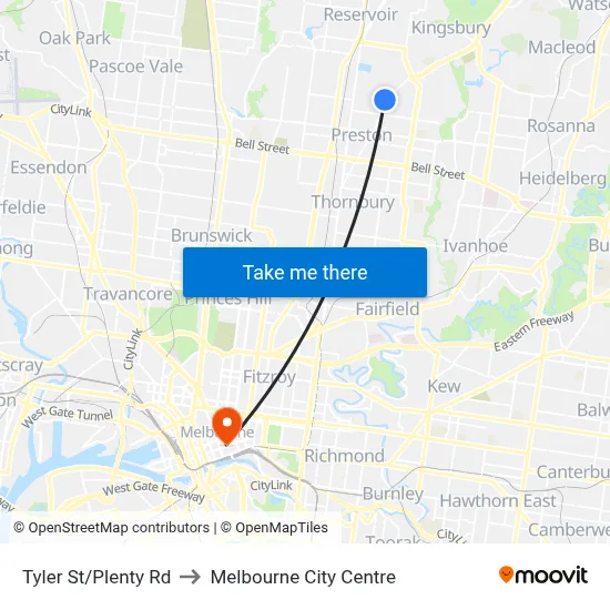 Tyler St/Plenty Rd to Melbourne City Centre map