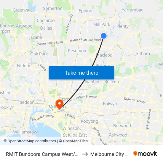 RMIT Bundoora Campus West/Plenty Rd to Melbourne City Centre map