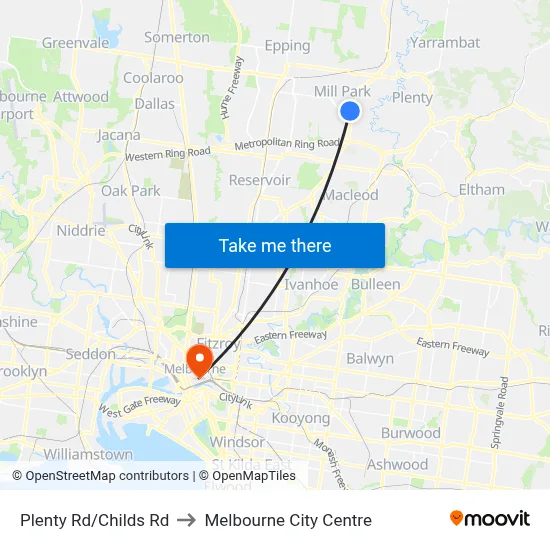 Plenty Rd/Childs Rd to Melbourne City Centre map