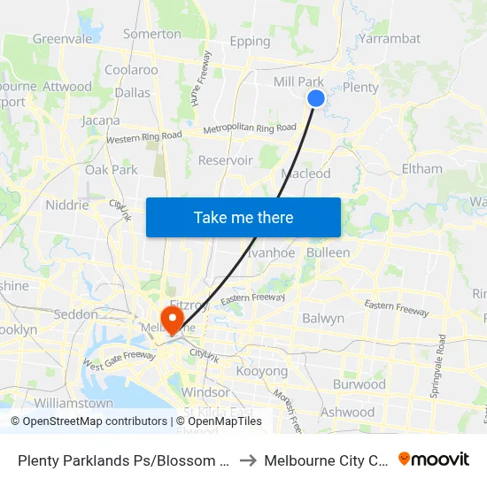 Plenty Parklands Ps/Blossom Park Dr to Melbourne City Centre map