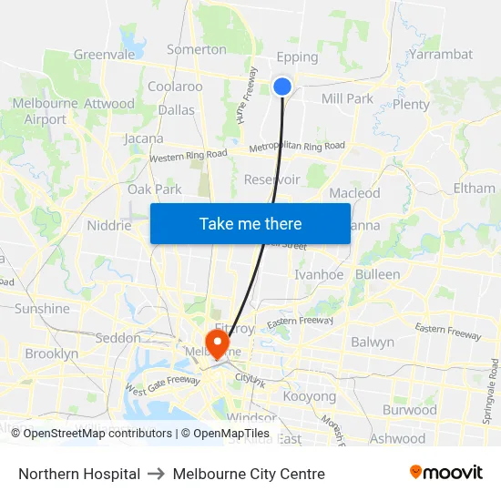 Northern Hospital to Melbourne City Centre map