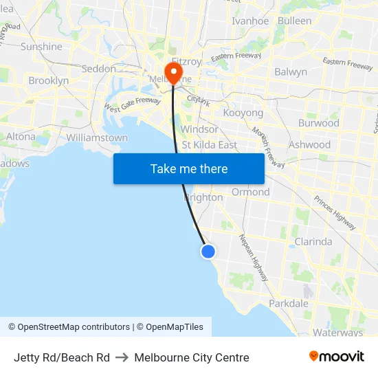 Jetty Rd/Beach Rd to Melbourne City Centre map