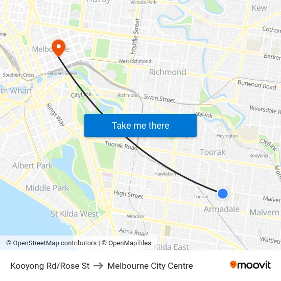 Kooyong Rd/Rose St to Melbourne City Centre map