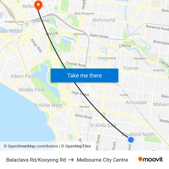 Balaclava Rd/Kooyong Rd to Melbourne City Centre map