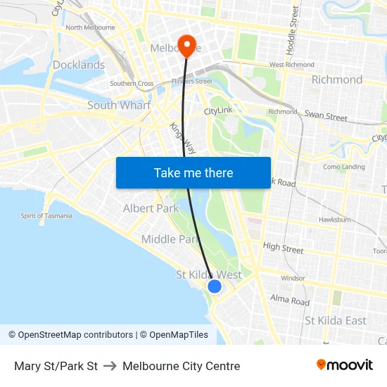Mary St/Park St to Melbourne City Centre map