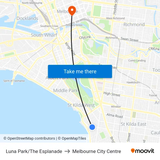 Luna Park/The Esplanade to Melbourne City Centre map