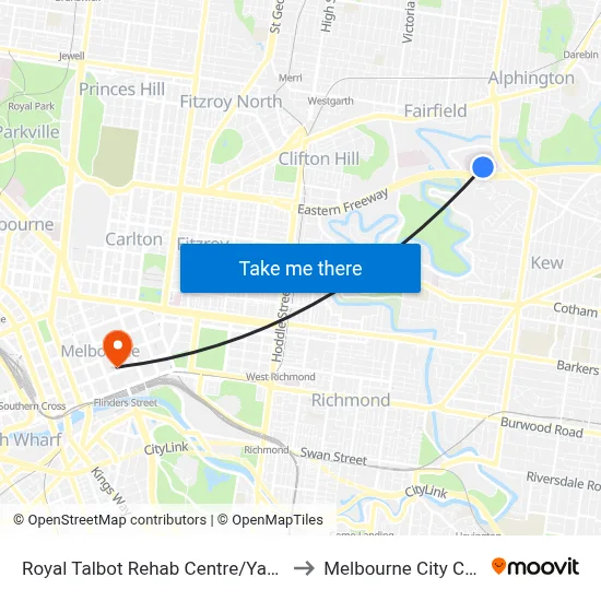 Royal Talbot Rehab Centre/Yarra Bvd to Melbourne City Centre map