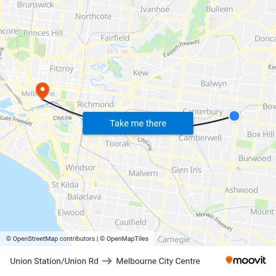 Union Station/Union Rd to Melbourne City Centre map