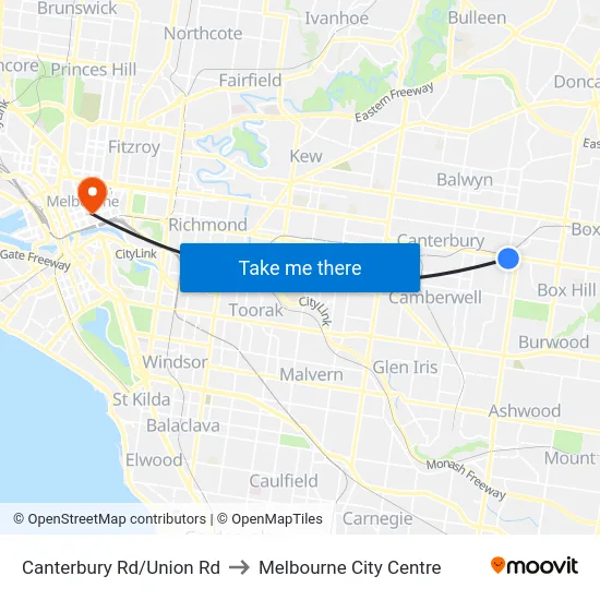 Canterbury Rd/Union Rd to Melbourne City Centre map
