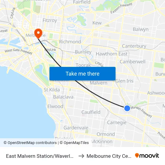 East Malvern Station/Waverley Rd to Melbourne City Centre map
