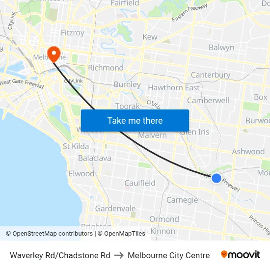 Waverley Rd/Chadstone Rd to Melbourne City Centre map
